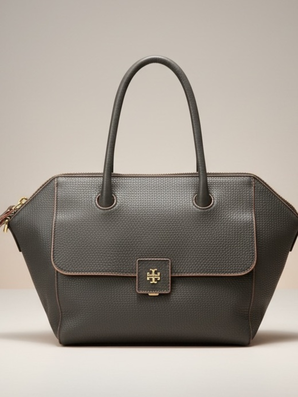 Tory Burch Clara Leather Satchel Navy Tan Trim Shoulder Strap
